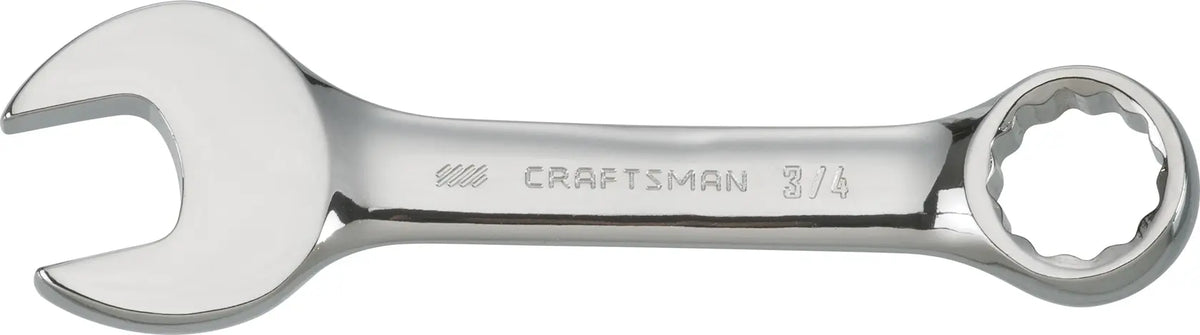 Photo of Craftsman CMMT44109 combination wrench with polished chrome finish, straight angle, white background.