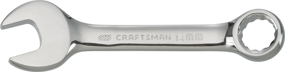 Photo of Craftsman 14mm combination wrench CMMT44116 on white background, chrome finish, open and box end.