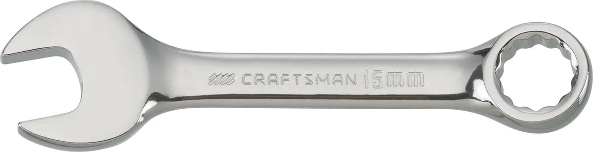 Photo of Craftsman CMMT44117 combination wrench, polished chrome finish, shown from side on white background.