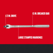Photo of Craftsman 15 in. breaker bar, 1/2 in. drive, SKU CMMT44201, silver finish with large stamped markings, side angle.
