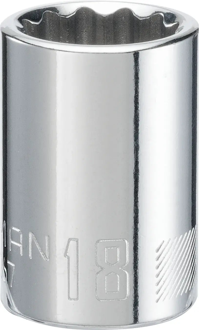 Craftsman CMMT44267 chrome 18mm socket, close-up front angle, white background.