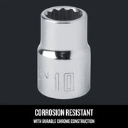 Craftsman chrome socket, 10 mm size, corrosion resistant, front angle, SKU CMMT44302.