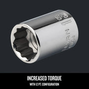 Photo of Craftsman chrome 12-point socket, SKU CMMT44304, graphics category, angled view on dark background.