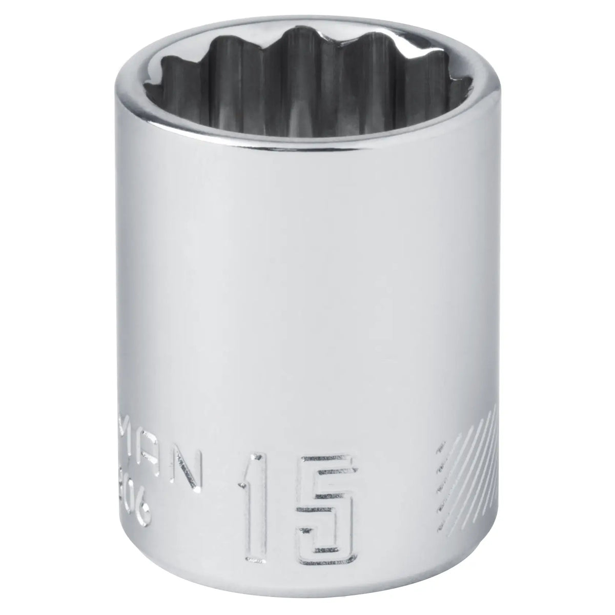 Photo of Craftsman 15mm chrome socket CMMT44306, front angle, with twelve-point interior.