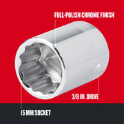 Photo of Craftsman 15 mm socket, SKU CMMT44306, full-polish chrome finish, 3/8 in. drive, graphics style on red background.