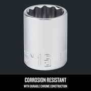 Craftsman chrome socket, size 15mm, SKU CMMT44306, front angle on white background, graphics category.
