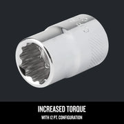 Craftsman chrome socket with 12-point configuration, front angle; SKU CMMT44309.