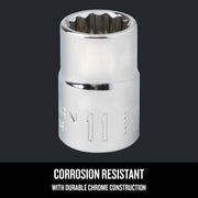 Craftsman chrome socket, size 11 with twelve-point design, front view, SKU CMMT44309.