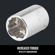 CRAFTSMAN CMMT44333 chrome 12-point socket angled view with textured grip and engraved branding.