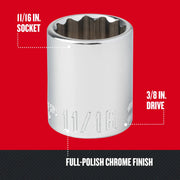 Craftsman 11/16 inch socket, 3/8 inch drive, chrome finish, front angle, SKU CMMT44336.