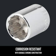 Photo of Craftsman chrome socket, SKU CMMT44336, close-up angle, corrosion-resistant finish.