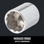 Craftsman 12-point socket CMMT44337, chrome finish, close-up angle, tool graphic.