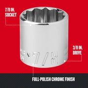 Craftsman 7/8 inch socket, SKU CMMT44339, chrome finish, 3/8 inch drive, front angle on white background.