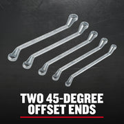 Craftsman double box end wrench set with two 45-degree offset ends, CMMT44349, on black background.