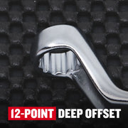 Close-up photo of Craftsman 12-point deep offset wrench, SKU CMMT44349, highlighting the angled box end.