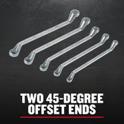 Photo of five Craftsman box end wrenches CMMT44350 with 45-degree offset ends, displayed on black background.