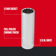 Photo of CRAFTSMAN 15 mm socket, full-polish chrome finish, 3/8 in. drive, SKU CMMT44419, front angle.