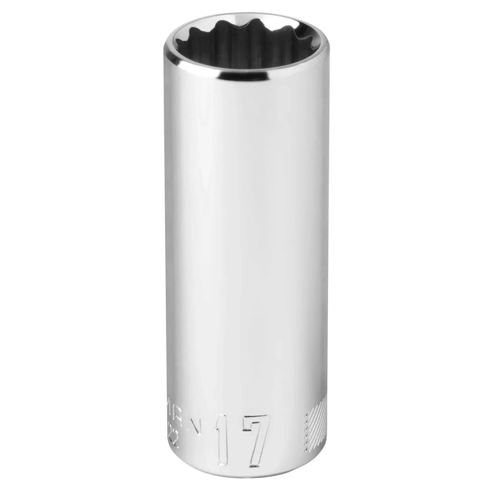 Craftsman chrome deep socket, 12-point, 17mm, front angle on white background CMMT44422