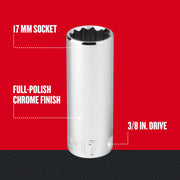 Craftsman 17mm socket, model CMMT44422, chrome finish, 3/8 in. drive, front angle, red background.