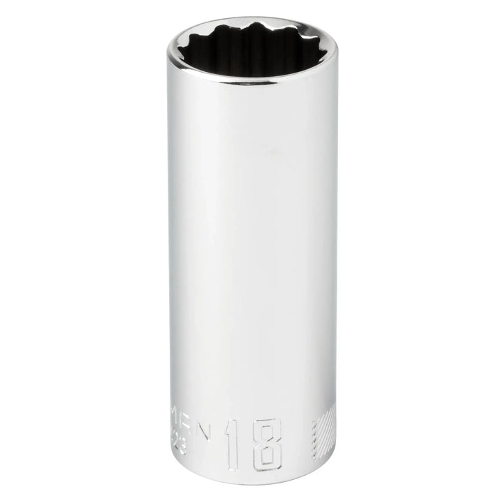 Craftsman chrome deep socket 18mm, CMMT44423, front angle, with twelve-point interior.