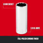 CRAFTSMAN 18 mm socket with 3/8 in. drive, full-polish chrome finish, SKU CMMT44423, front angle.
