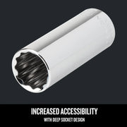 Craftsman deep socket, chrome finish, 12-point, photography on dark background, CMMT44423.