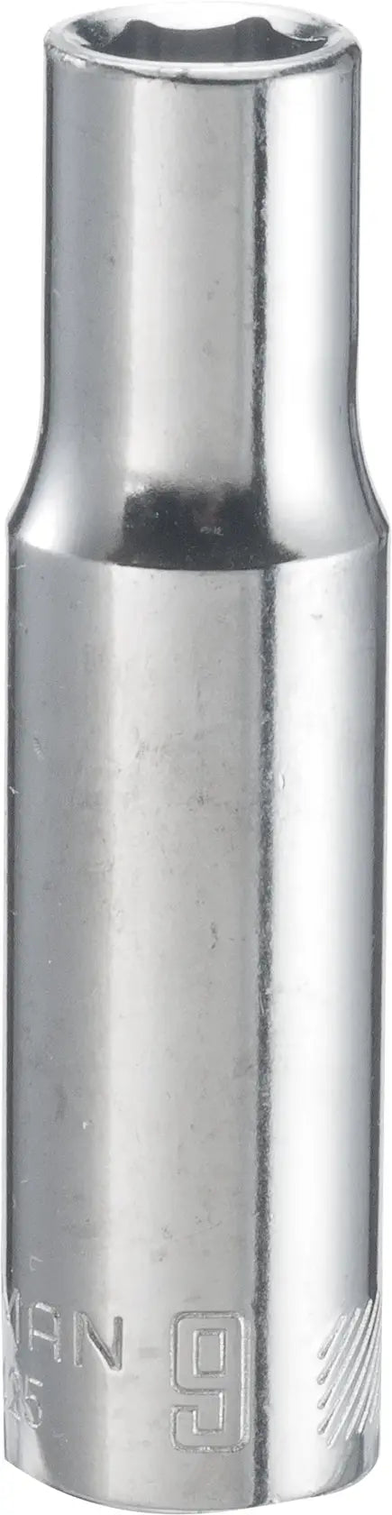Photo of CRAFTSMAN CMMT44425 chrome deep socket, hexagonal, viewed from the front on white background.