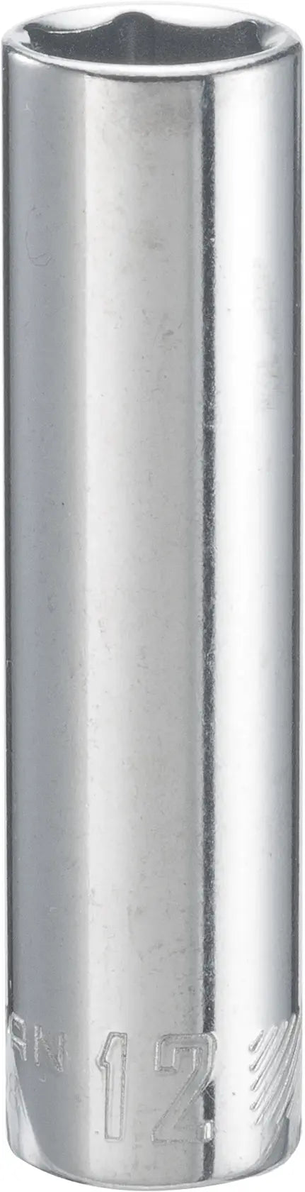 Craftsman CMMT44428 chrome deep socket, 12mm, vertical angle on white background.