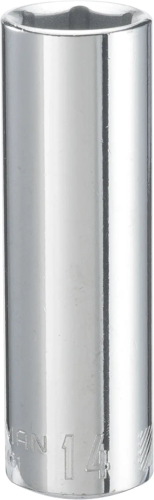 Photo of CRAFTSMAN socket, chrome finish, deep well, SKU CMMT44431, upright on white background.