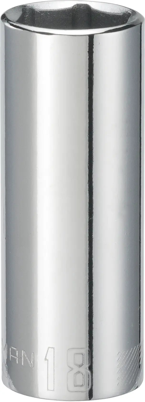 Photo of Craftsman 18mm deep socket, SKU CMMT44435, chrome finish, front angle on white background.