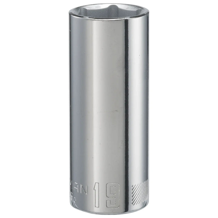 Photo of Craftsman deep socket, chrome finish, size 19mm, SKU CMMT44436, front angle on white background.