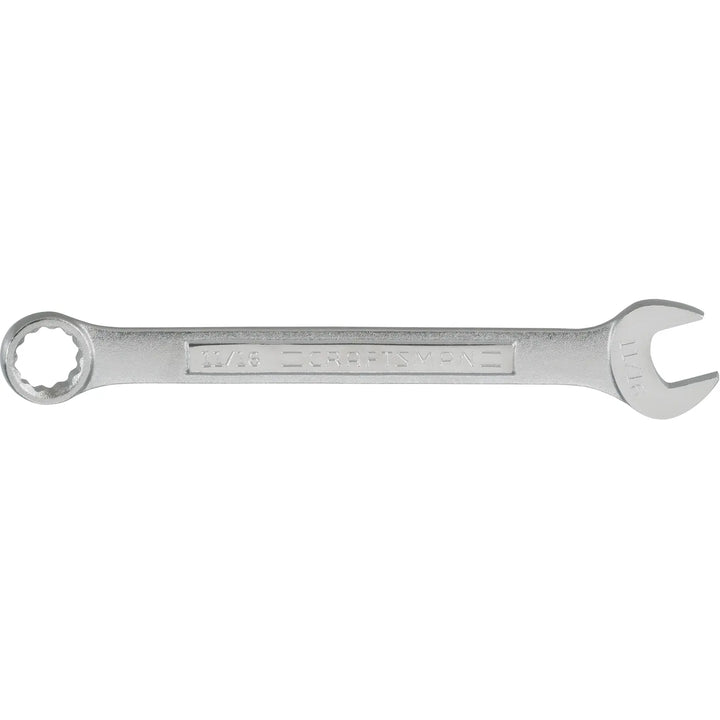 Photo of CRAFTSMAN CMMT44698 combination wrench, silver finish, showing box end and open end on white background.