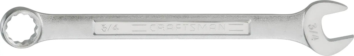 Photo of Craftsman combination wrench, SKU CMMT44701, silver color, 3/4 inch, flat lay on white background.