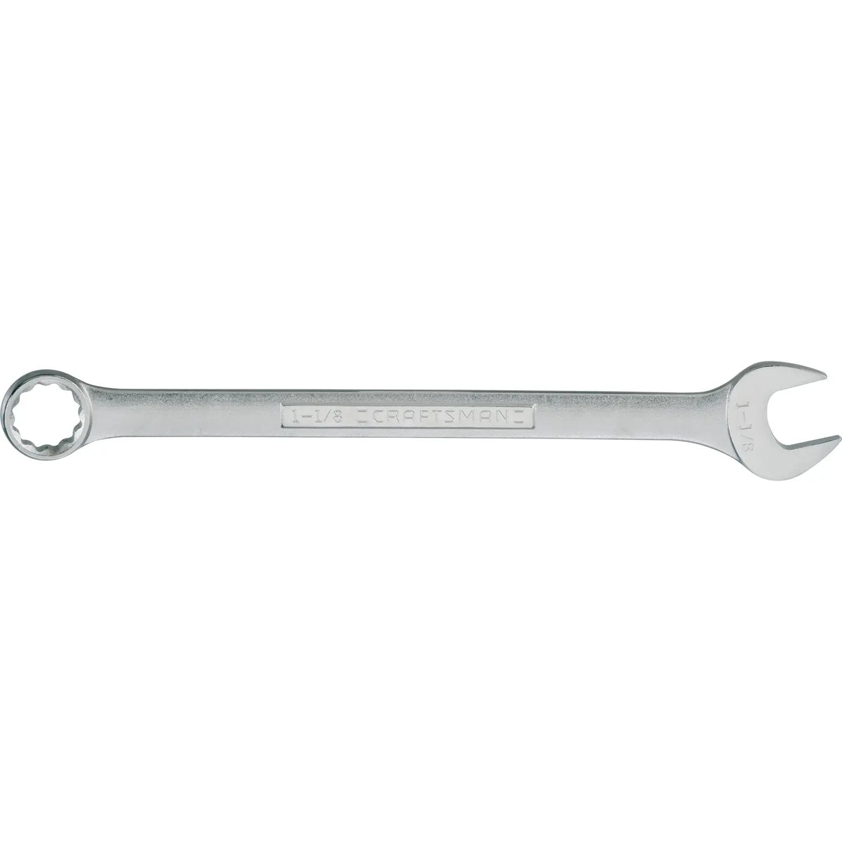 Craftsman CMMT44707 combination wrench, silver finish, 1-1/8 inch size, top view on white background.