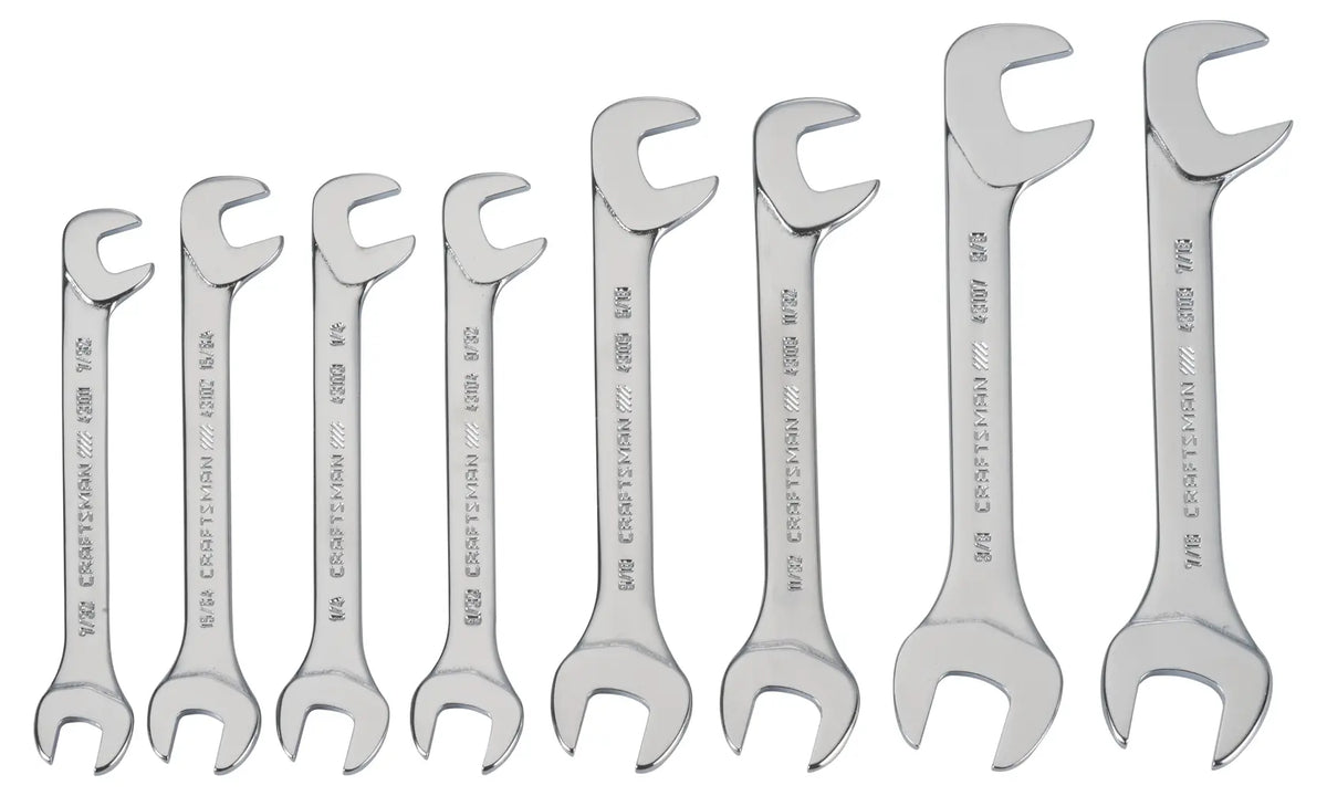 Craftsman CMMT44778 set of eight open-end wrenches, chrome finish, arranged in size order, front angle, white background.