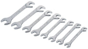 Photo of Craftsman CMMT44778 set of eight chrome open-end wrenches arranged in a row, white background, top angle.