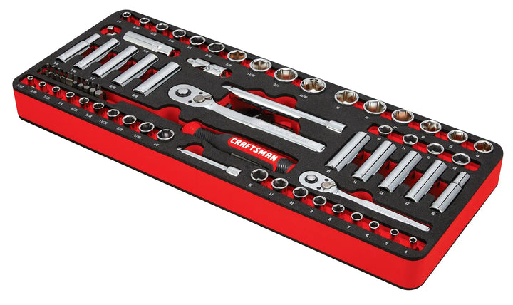 Craftsman red and black socket set with ratchet and extensions, photography angled view CMMT45094
