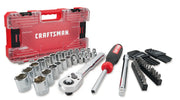 A Craftsman branded tool set including a red plastic carrying case, various chrome sockets, a ratchet wrench, a screwdriver, extension bar, several hex keys, and assorted bits.