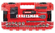A red Craftsman tool set case with multiple tools inside, including a ratchet, screwdriver, hex keys, extension bar, sockets, and various bits. The tools are neatly organized in the plastic case, which features the Craftsman brand name on the front.