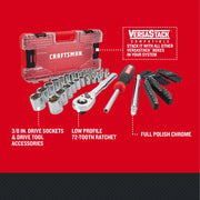 CRAFTSMAN CMMT45163 socket and drive tool set with red VersaStack case, chrome sockets, ratchet, screwdriver, and bits, angled front view.