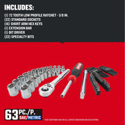 Photo of Craftsman 63-piece SAE/metric mechanics tool set CMMT45163, including sockets, ratchet, bit driver, extension bar, hex keys, and specialty bits, on red background.