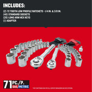 Photo of Craftsman 71-piece SAE/Metric ratchet and socket set CMMT45171, tools arranged on white background.