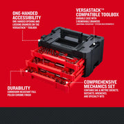 Craftsman mechanics tool set with 3 red removable drawers in black toolbox, SKU CMMT45242, angled view.