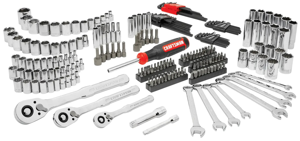 Craftsman CMMT45256 tool set with chrome ratchets, sockets, wrenches, bits, and screwdriver, front angle, white background.