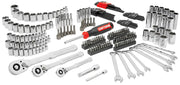 Craftsman CMMT45256 tool set with chrome ratchets, sockets, wrenches, bits, and screwdriver, front angle, white background.