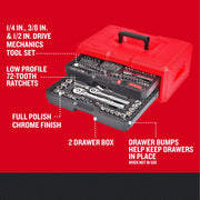 Craftsman CMMT45256 mechanics tool set with 2-drawer red box, chrome finish ratchets, sockets, and accessories, angled view.