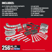 Photo of Craftsman 256-piece SAE/Metric tool set, SKU CMMT45256, showing ratchets, sockets, wrenches, and bits.