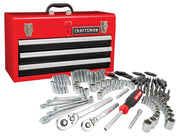 Photo of Craftsman tool set SKU CMMT45308 with red toolbox, sockets, ratchets, wrenches, screwdriver, and assorted bits on white background.