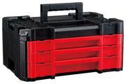 A black and red portable toolbox with three drawers and a sturdy handle on top, designed for organizing and carrying tools.