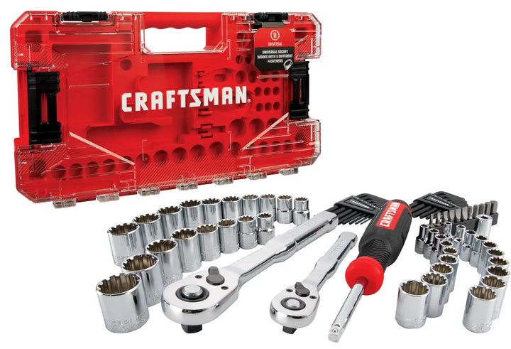Craftsman CMMT45325 socket and ratchet set with chrome sockets, ratchets, and screwdriver in front of a red hard case, front angle.